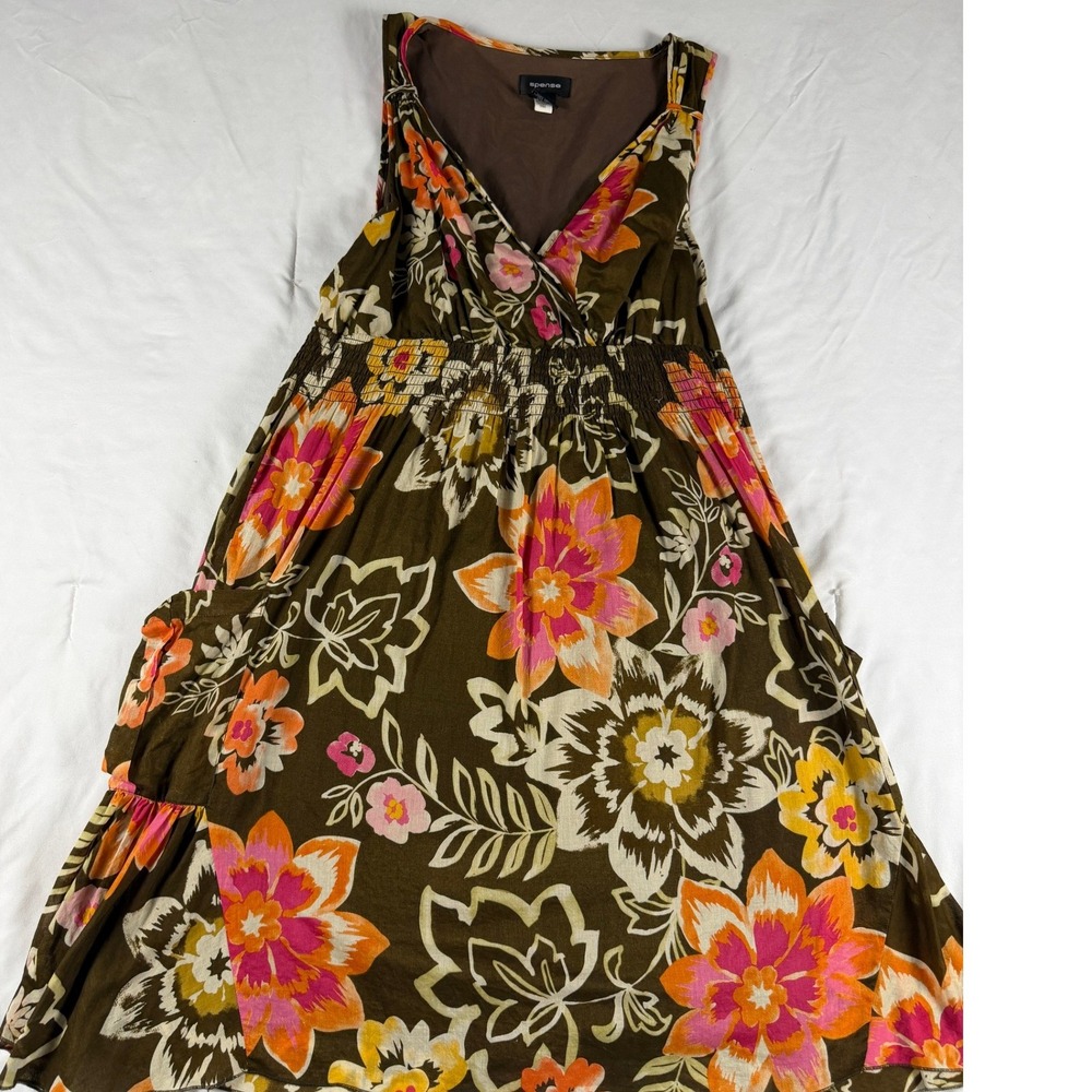 Spense‎ Floral Cotton Tiered Midi Dress Brown Pink Smocked V-Neck Size 8 Boho